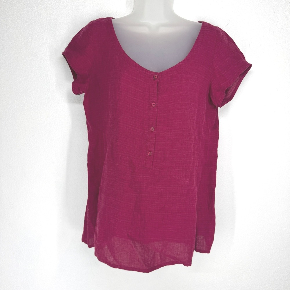 Eileen Fisher Berry Pink Linen Blend Henley Scoop Neck Cap Sleeve Top Small